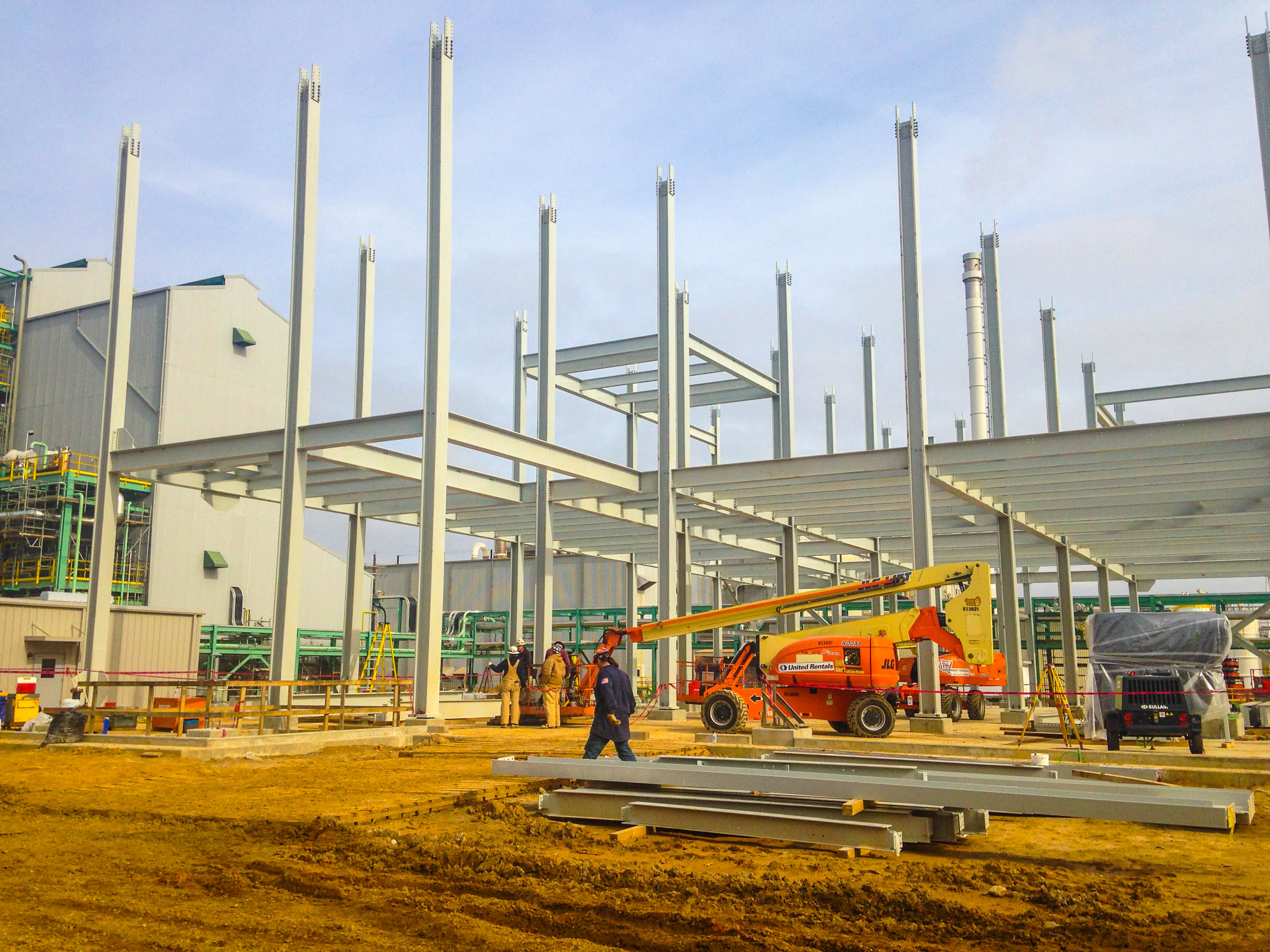 Construction site of a structural steel building project.