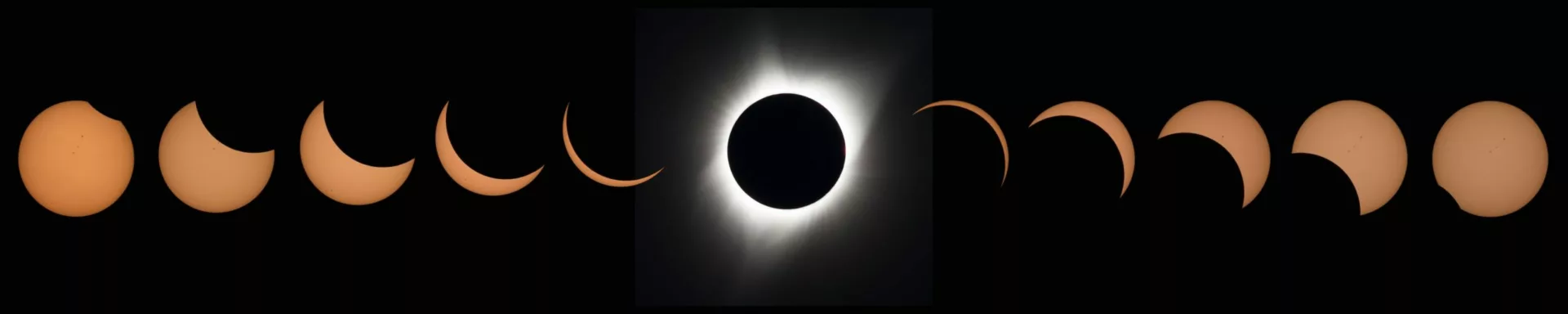 Black graphic with various phases of a solar eclipse. Total eclipse in center surrounded by partial eclipse phases.