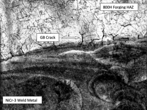 Black and white image of HAZ Solidification Cracking, HT-E5198, Replication #4