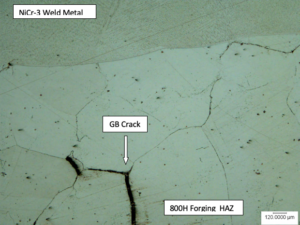 Image with labels showing HAZ solidification Crack, HT-47980